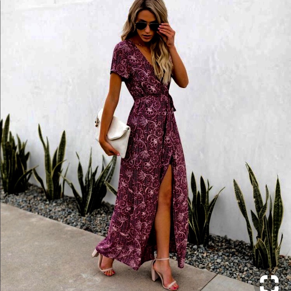 VICI Verdot Vines Bardot Wrap Maxi Dress (Small)
